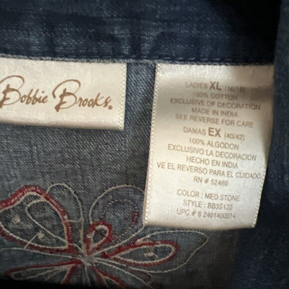 VTG Bobbie Brooks Womans XL Denim Flower Patch Embroidery Button Shirt Jacket - Picture 7 of 14